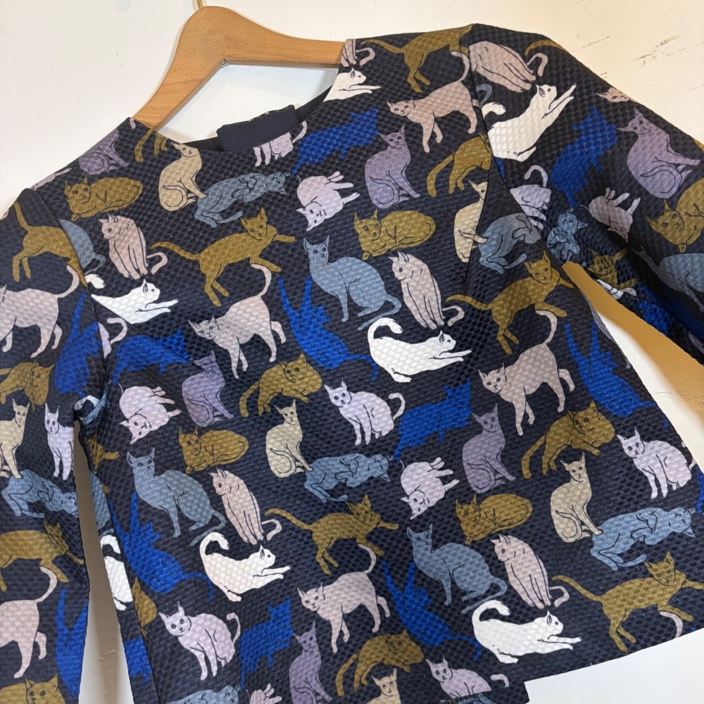 New- H&M Navy Blue Cat Print Jacquard Cropped Top Exposed Zipper Size 2 Cat Lady